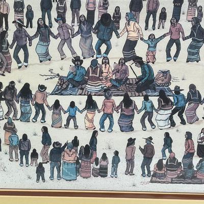 Framed Lithograph Watercolor Art: Tohono O'odham Gathered in a Ceremonial Dance by Michael Chiago