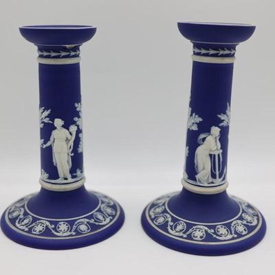 WEDGWOOD Blue Classical Greek Candlestick Holders (2)
