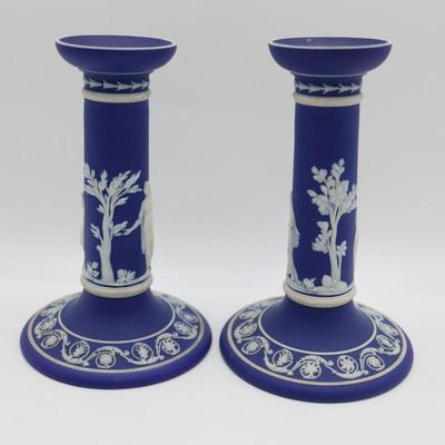 WEDGWOOD Blue Classical Greek Candlestick Holders (2)