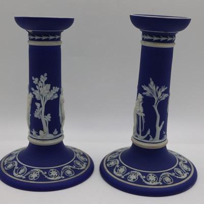 WEDGWOOD Blue Classical Greek Candlestick Holders (2)