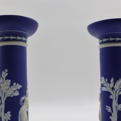 WEDGWOOD Blue Classical Greek Candlestick Holders (2)