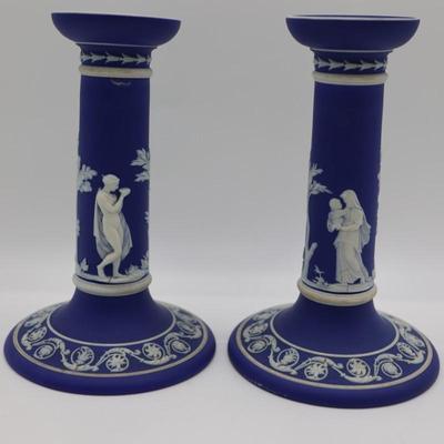 WEDGWOOD Blue Classical Greek Candlestick Holders (2)