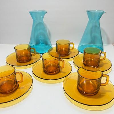 Vintage Glass Lot - 6 Duralex French Cups Saucers, 2 Aurora Borealis Blue Picthers