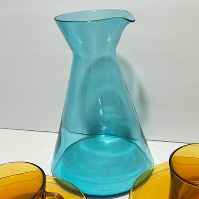 Vintage Glass Lot - 6 Duralex French Cups Saucers, 2 Aurora Borealis Blue Picthers