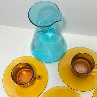 Vintage Glass Lot - 6 Duralex French Cups Saucers, 2 Aurora Borealis Blue Picthers
