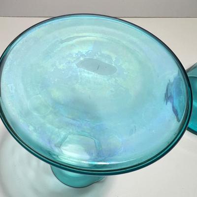 Vintage Glass Lot - 6 Duralex French Cups Saucers, 2 Aurora Borealis Blue Picthers