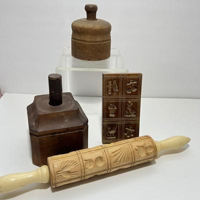 Vintage Wood Kitchen Lot - Butter Molds, Cookie Roll Pin