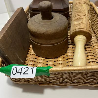 Vintage Wood Kitchen Lot - Butter Molds, Cookie Roll Pin