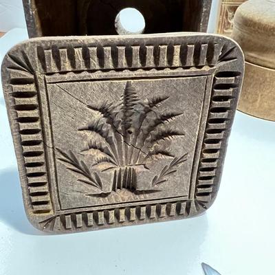 Vintage Wood Kitchen Lot - Butter Molds, Cookie Roll Pin