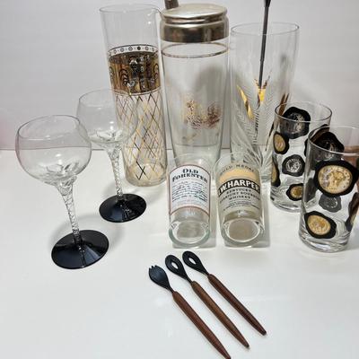 Vintage MCM Barware - Black, Gold, Teak Wood