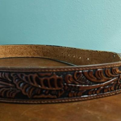 Brown Leather Tooled Belt with Sterling Silver Tip