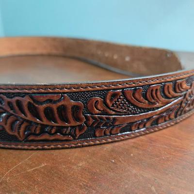 Brown Leather Tooled Belt with Sterling Silver Tip