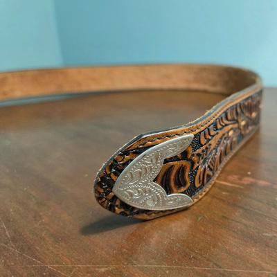 Brown Leather Tooled Belt with Sterling Silver Tip