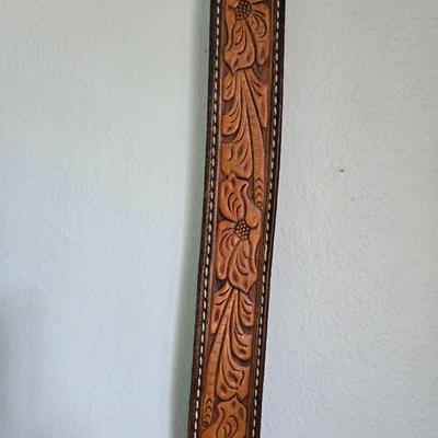 Brown Leather Tooled Belt with Sterling Silver Tip
