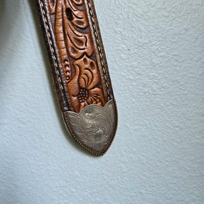 Brown Leather Tooled Belt with Sterling Silver Tip