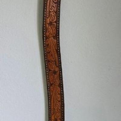 Brown Leather Tooled Belt with Sterling Silver Tip