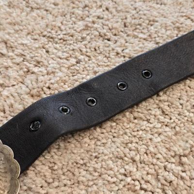 Native American Ladies Black Leather and Sterling Concho Belt