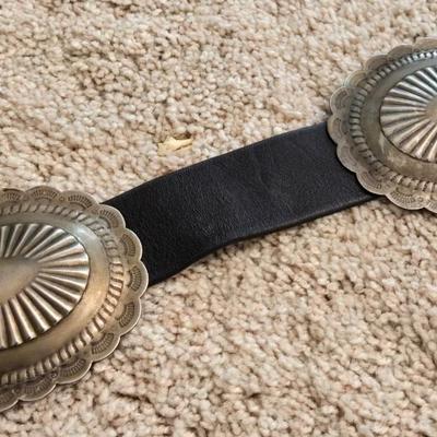Native American Ladies Black Leather and Sterling Concho Belt