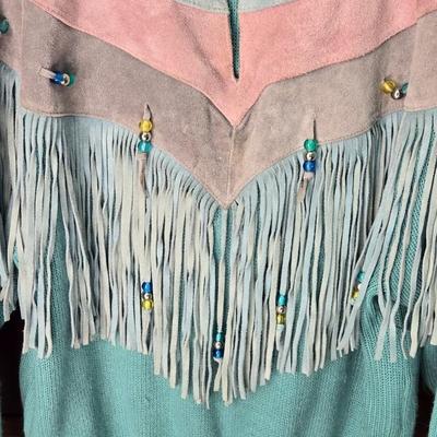 Vintage Pioneer Wear Leather Trimmed Fringe Sweater
