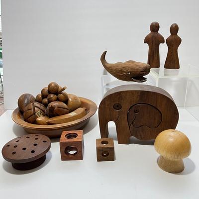 Vintage MCM Decorative Wood Lot - Figurines, Art, Candle Holders