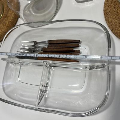 Glass, Cork, Teak MCM Lot - Decorative, Serving Ware, Teak Utensils