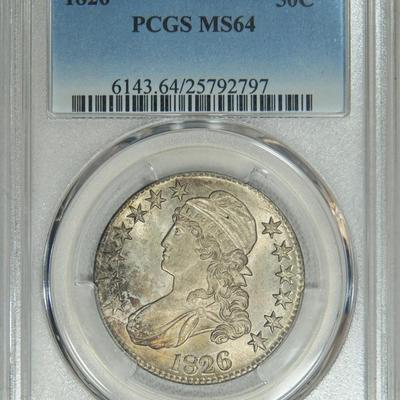 1826 NGC MS64 Bust Half, brilliant luster, naturally toning & decent eye appeal