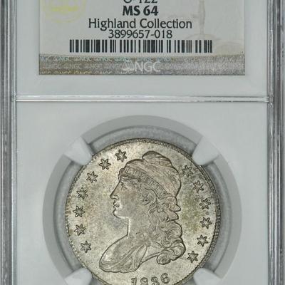 1836 NGC MS64 Bust Half, old patina with satiny luster & very few marks