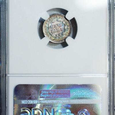 1857 NGC MS67 Seated Half Dime, lustrous superb Gem w/ beautiful colorful toning