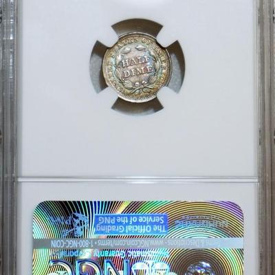 1857 NGC MS67 Seated Half Dime, lustrous superb Gem w/ beautiful colorful toning