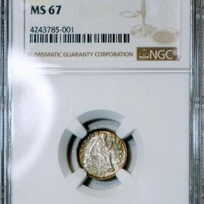 1857 NGC MS67 Seated Half Dime, lustrous superb Gem w/ beautiful colorful toning