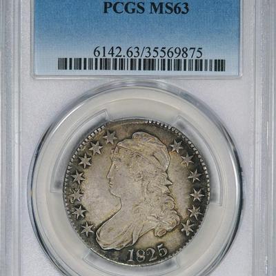 1825 PCGS MS63 Bust Half, soft satiny luster beneath old antique looking patina