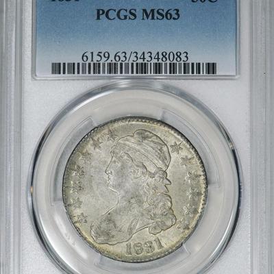 1831 PCGS MS63 Bust Half, decent luster and surfaces on this choice graded piece