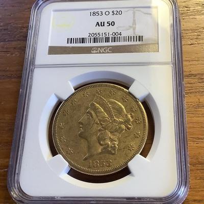 1853-O $20 GOLD LIBERTY DOUBLE EAGLE NGC AU 50