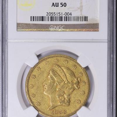 1853-O $20 GOLD LIBERTY DOUBLE EAGLE NGC AU 50