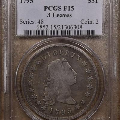 1795 $1 FLOWING HAIR SILVER DOLLAR 3 LEAVES PCGS F 15