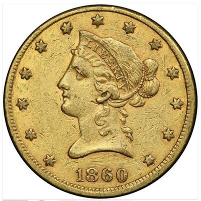 1860 $10 GOLD LIBERTY HEAD EAGLE PCGS XF 45