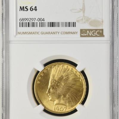 1907 $10 GOLD INDIAN HEAD EAGLE NGC MS 64