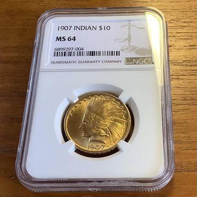 1907 $10 GOLD INDIAN HEAD EAGLE NGC MS 64