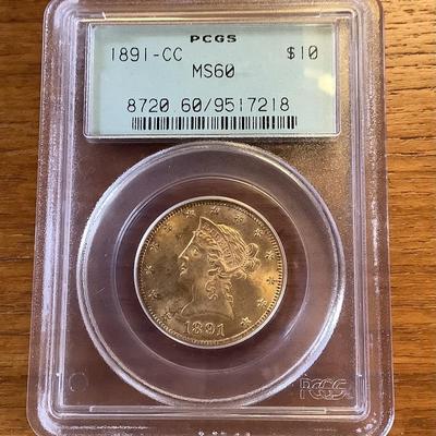 1891 CC CARSON CITY $10 GOLD LIBERTY HEAD EAGLE PCGS MS 60