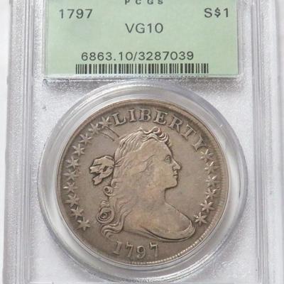 1797 DRAPED BUST SILVER DOLLAR SMALL EAGLE GREEN LABEL PCGS VERY GOOD 10
