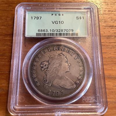1797 DRAPED BUST SILVER DOLLAR SMALL EAGLE GREEN LABEL PCGS VERY GOOD 10