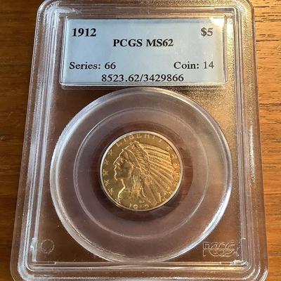 1912 P $5 GOLD INDIAN HEAD HALF EAGLE PCGS MS 62
