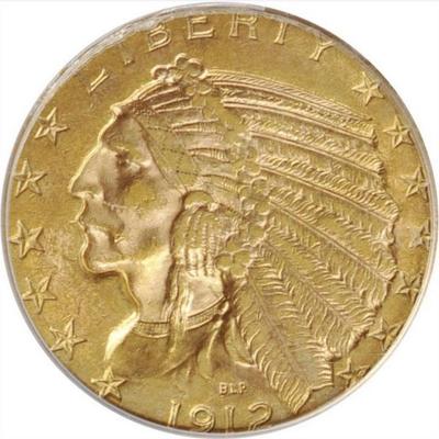 1912 P $5 GOLD INDIAN HEAD HALF EAGLE PCGS MS 62