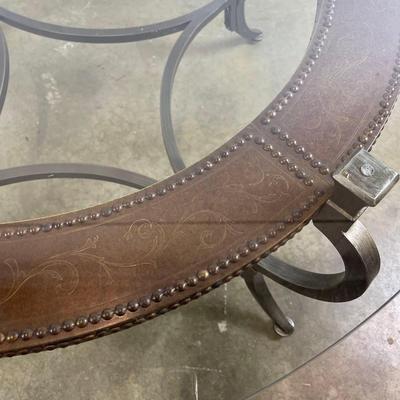 Round Glass Top Coffee Table with Metal Frame & Nail Head Trim
