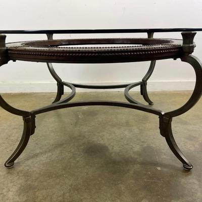 Round Glass Top Coffee Table with Metal Frame & Nail Head Trim