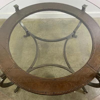 Round Glass Top Coffee Table with Metal Frame & Nail Head Trim