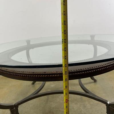 Round Glass Top Coffee Table with Metal Frame & Nail Head Trim