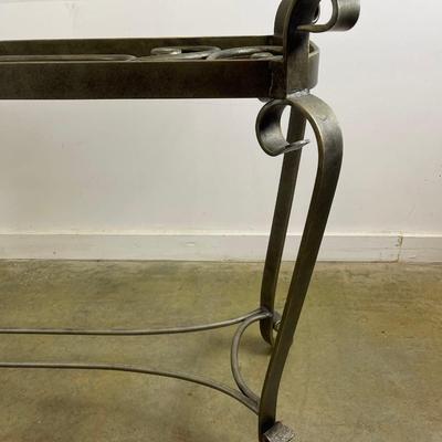 Glass Top Console Table with Scrolling Metal Base
