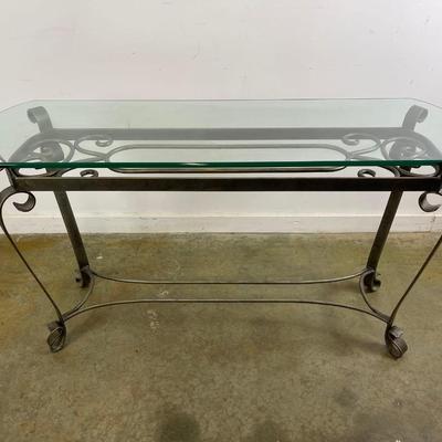 Glass Top Console Table with Scrolling Metal Base