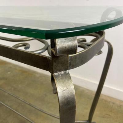 Glass Top Console Table with Scrolling Metal Base